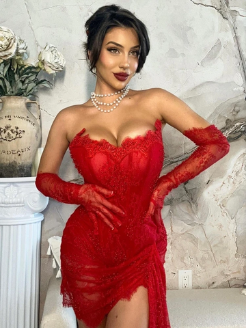 Red Lace Mini Homecoming Dress Red Party Gown Y7387