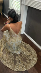 Princess Embroidered Corset Style Gold Mermaid Evening Dress Y5887 by simplepromdress