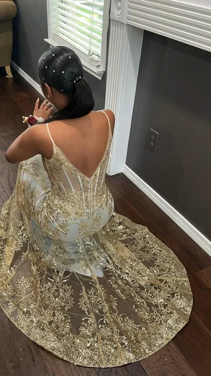 Princess Embroidered Corset Style Gold Mermaid Evening Dress Y5887 by simplepromdress