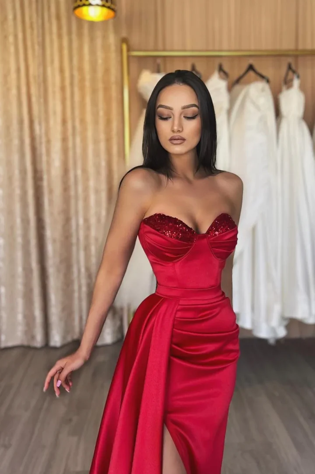 Red satin sequins long prom dress red evening dress  Y82 Main Image