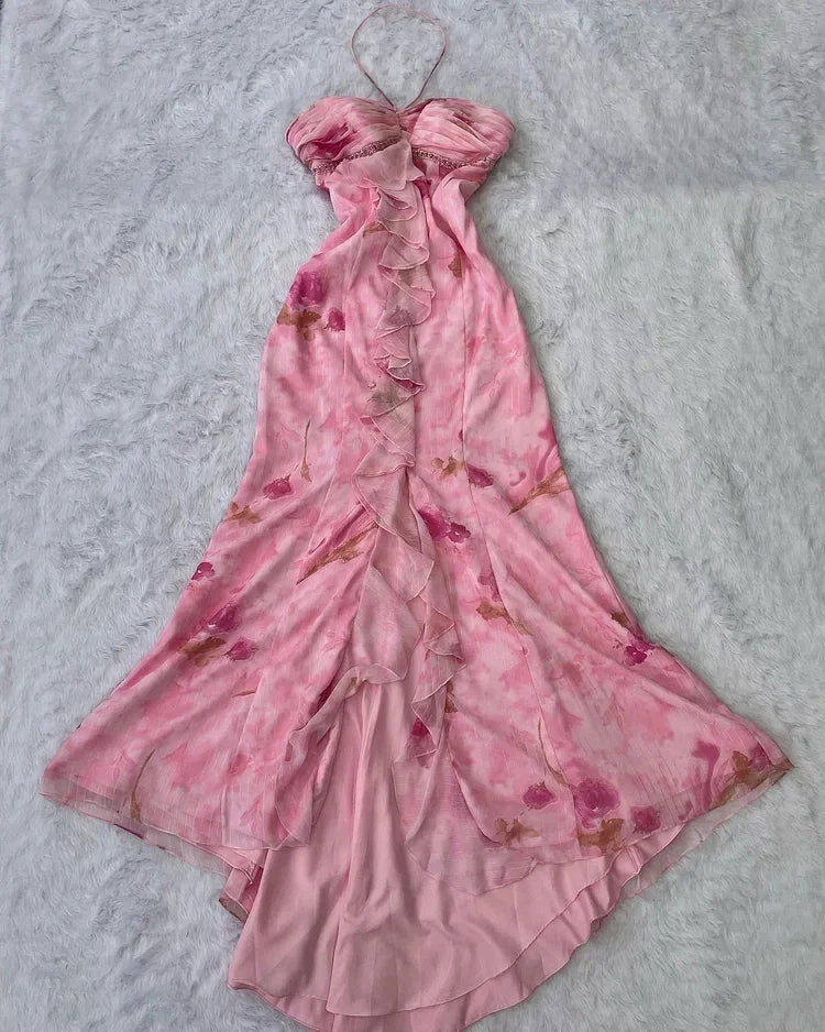 Pink Chiffon Print Floral Ruffle Evening Dress Halter Mermaid Prom Dress Y8306 by simplepromdress