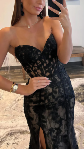 Black Evening Dress Sexy Strapless Sweetheart Lace Slit Mermaid Prom Dress Y8017