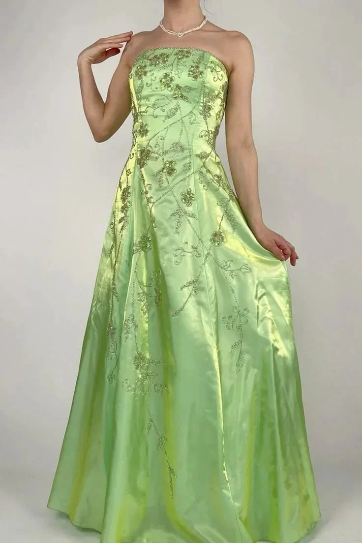 Strapless Green Satin Beaded A Line Prom Dress Evening Dress Y8412 by simplepromdress
