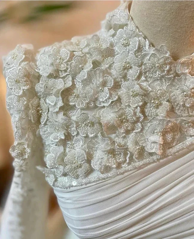 Muslim Wedding Dress Long Sleeves With Pearls Chiffon Appliques Long Pleated Bridal Gowns Y6727 by simplepromdress