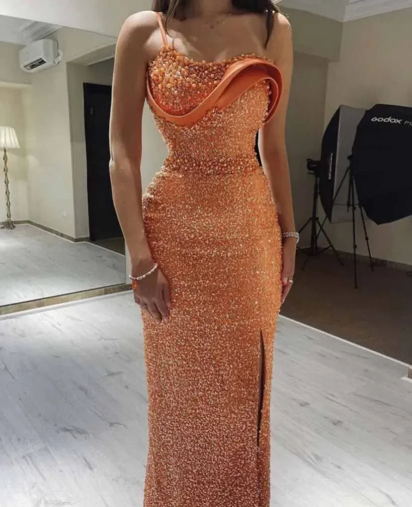 Orange Evening Dress Spaghetti Strap Pearls Beaded Sequin Lace Straight Dresses Y6648 by simplepromdress