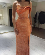 Orange Evening Dress Spaghetti Strap Pearls Beaded Sequin Lace Straight Dresses Y6648 by simplepromdress
