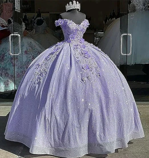 Off the shoulder blue ball gown , sparkly prom dress with flowers S26908 by simplepromdress