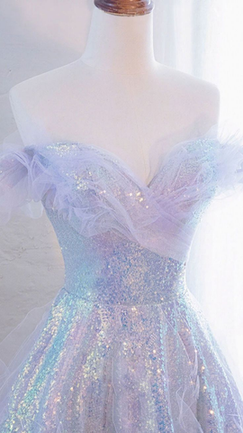 Purple Off Shoulder Sequin Tulle Long Prom Dress Purple Formal Evening Dresses Y4451