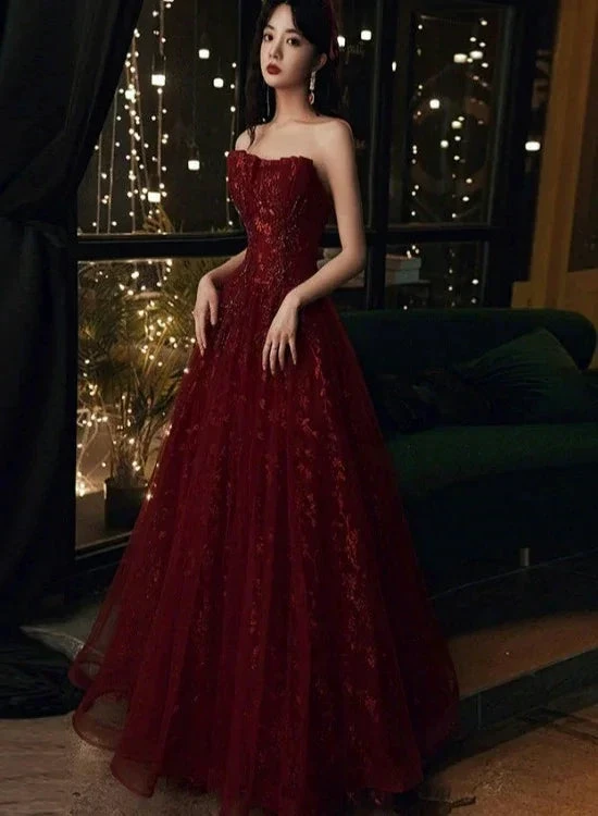 Wine Red Floral Lace and Tulle Long Evening Gown Party Dress Burgundy Formal Dresses Y1661 by simplepromdress