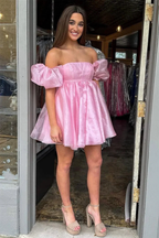 Pink Square Neck Balloon Sleeves A-Line Homecoming Dress Y2434 by simplepromdress