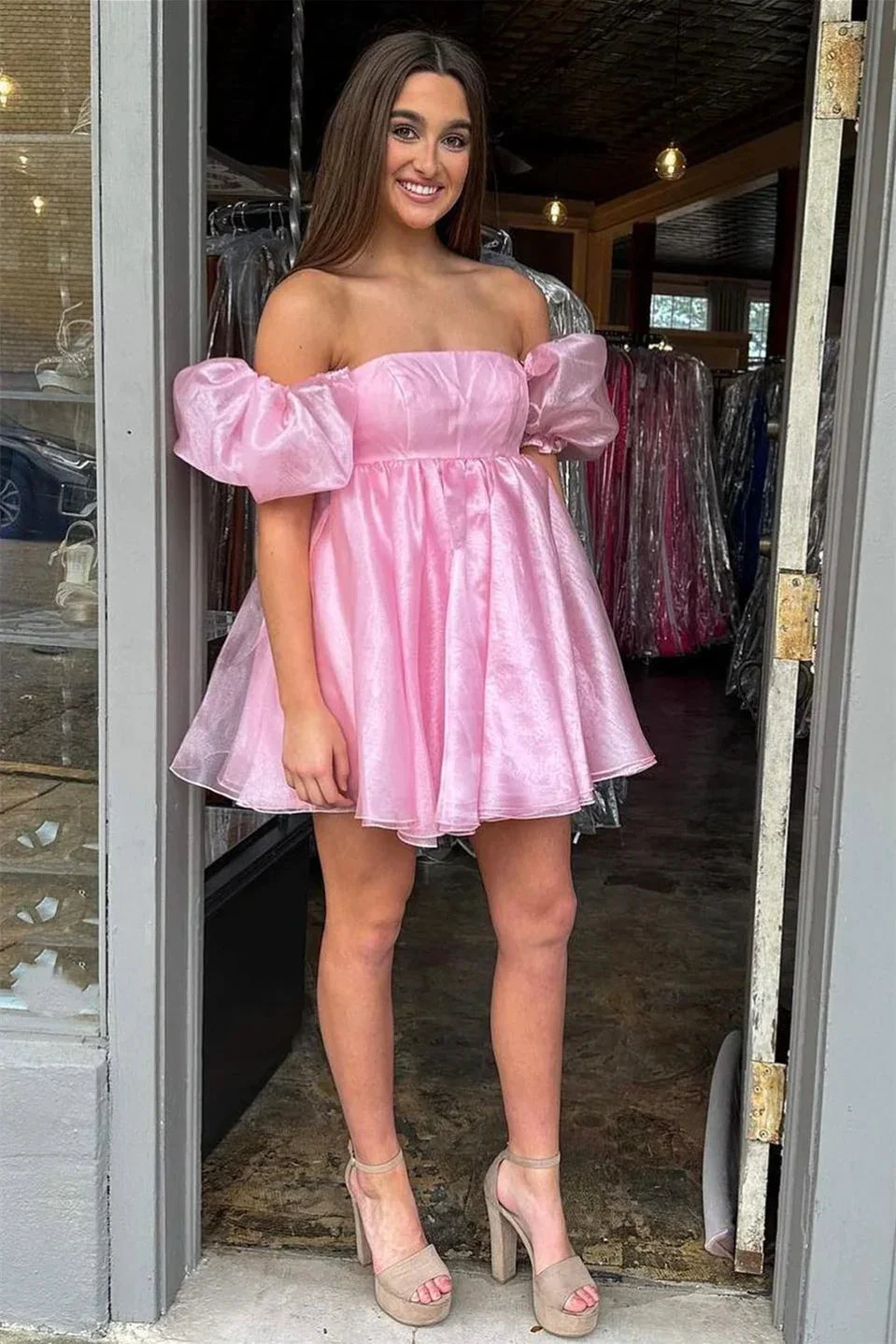 Pink Square Neck Balloon Sleeves A-Line Homecoming Dress Y2434 by simplepromdress