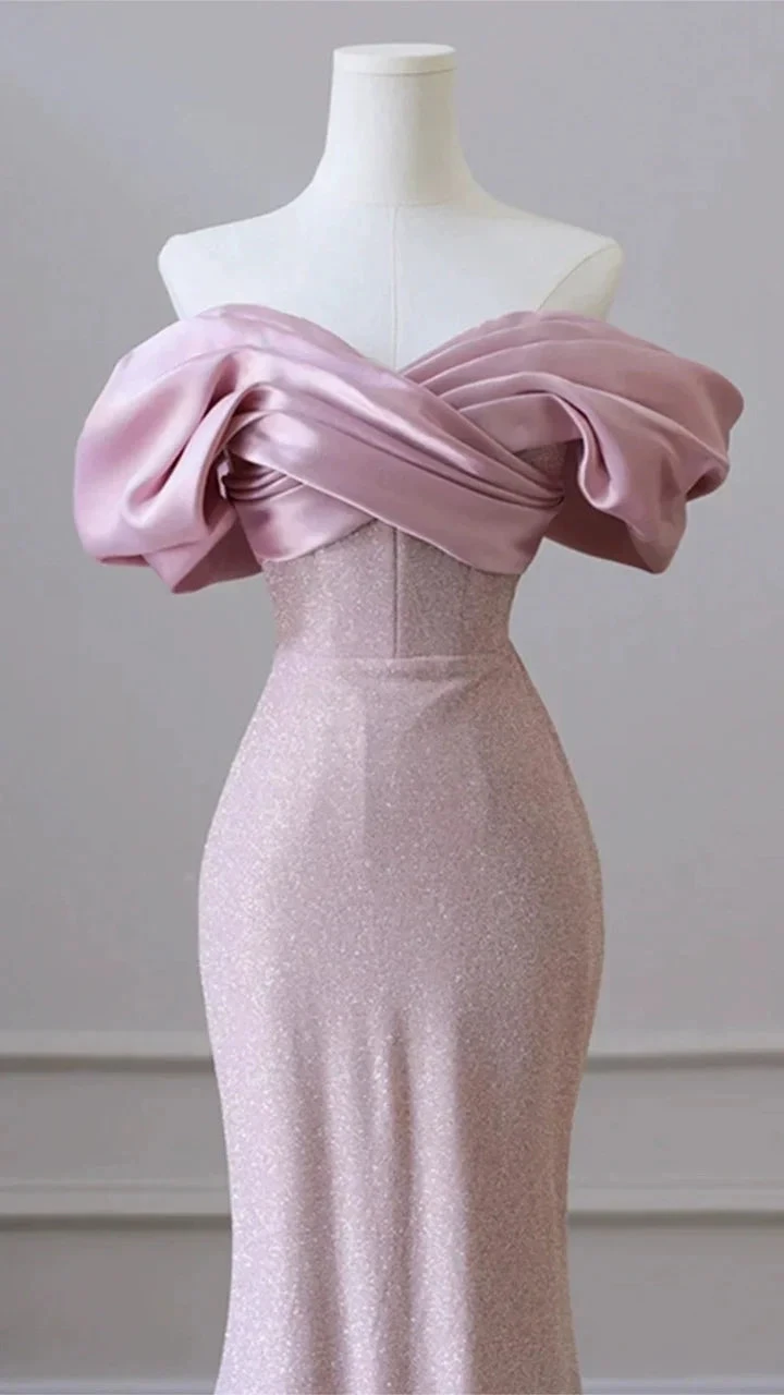 Flesh Pink Sequin Evening Gown Elegant Women's Off Shoulder Party Prom Evening Dress Y6963 by simplepromdress