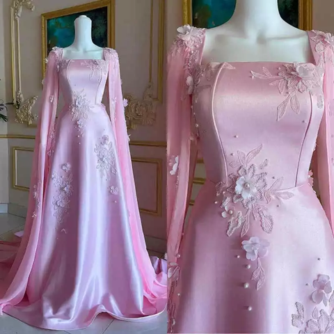 Vestido de noche largo de satén rosa de lujo con corte A y bonitos apliques, vestido de fiesta Y7591