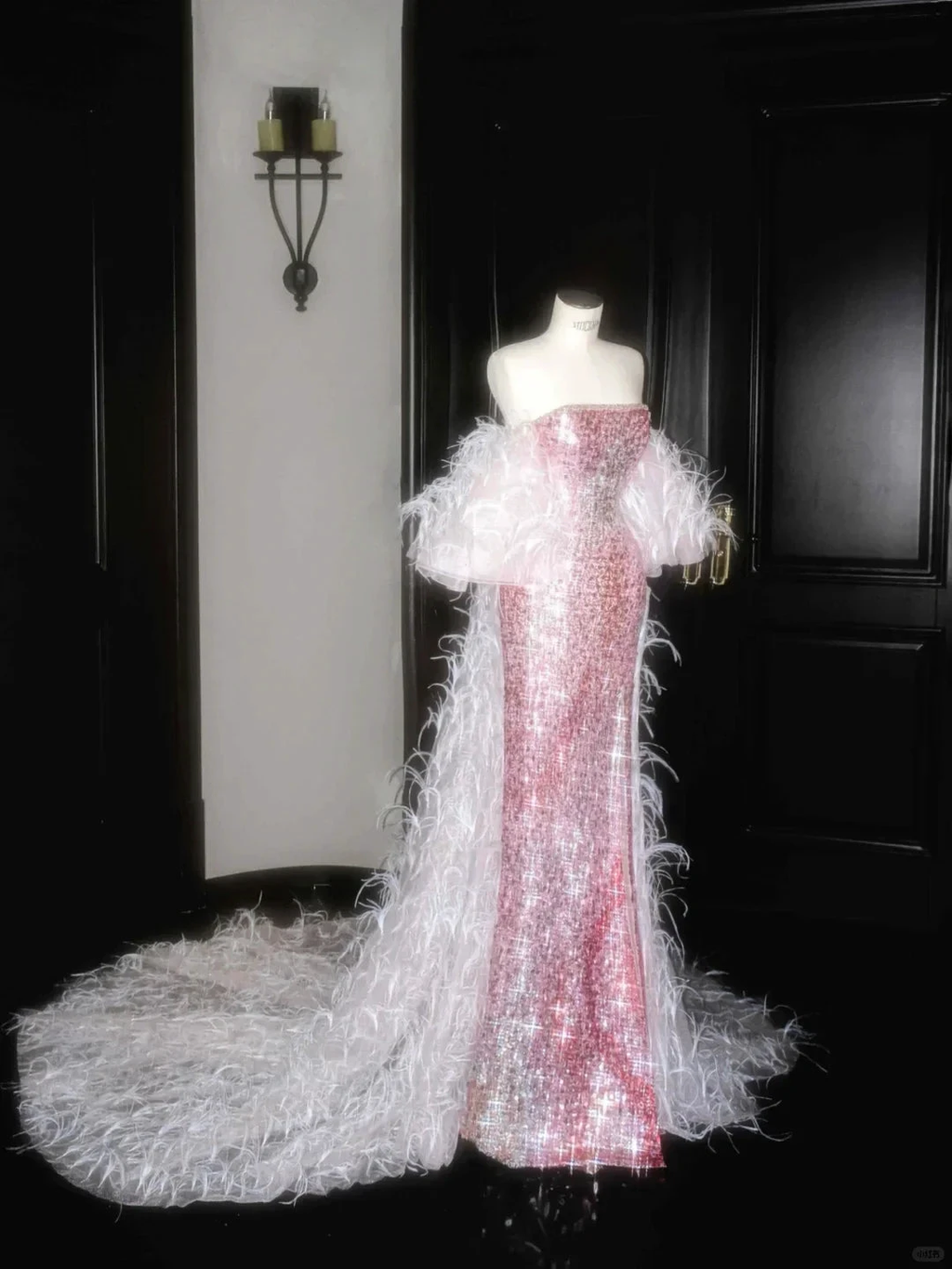 Fairy Pink Strapless Sequins Feathers Mermaid Evening Dress Slit Prom Dress Y8660 by simplepromdress