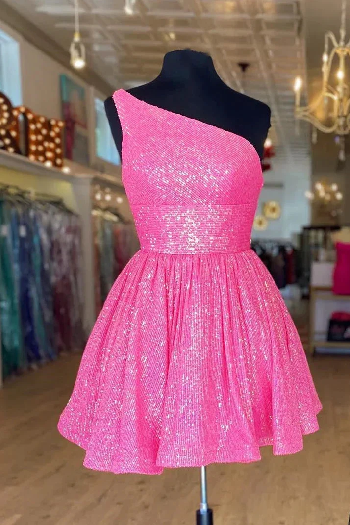 Hot Pink One Shoulder A Line Short Homecoming Dress Sequins Y1487 by simplepromdress