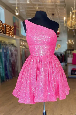 Hot Pink One Shoulder A Line Short Homecoming Dress Sequins Y1487 by simplepromdress