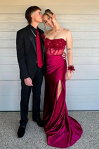 Charming Strapless Burgundy Lace Appliques Long Prom Dress Slit Mermaid Evening Gown Y7883 by simplepromdress