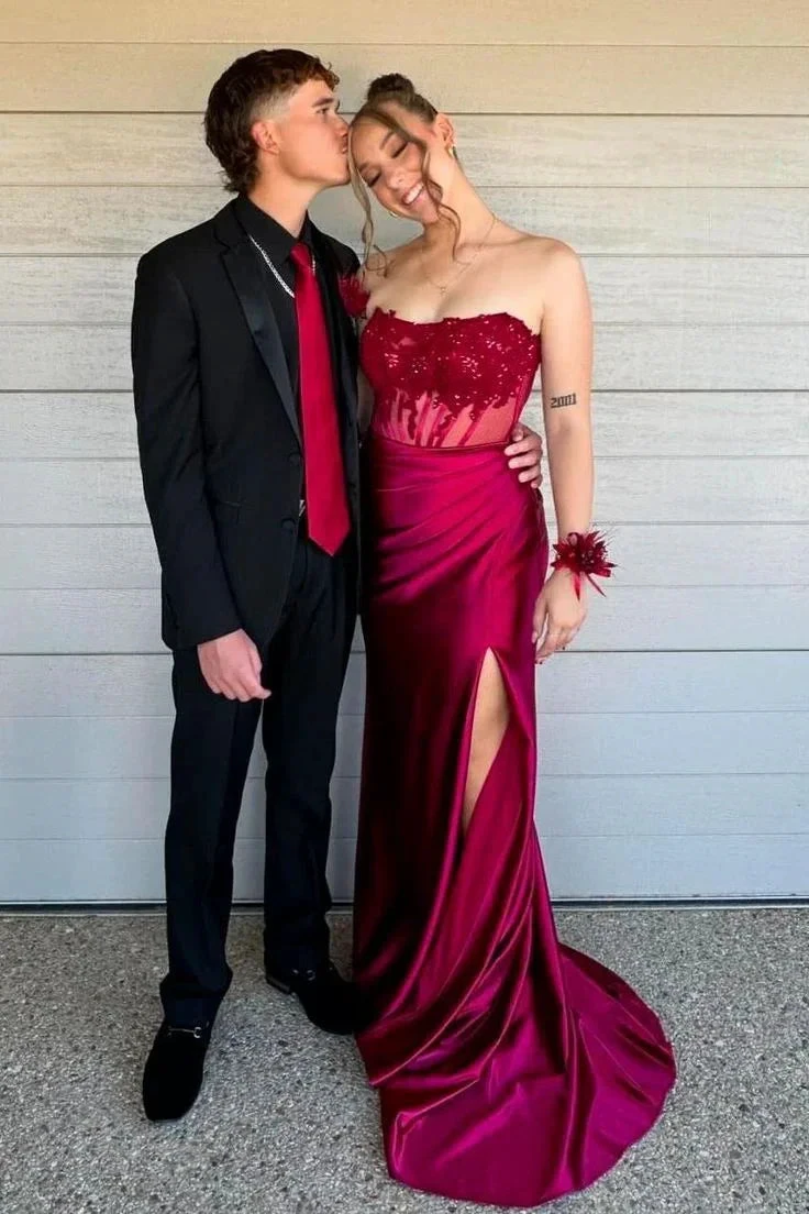 Charming Strapless Burgundy Lace Appliques Long Prom Dress Slit Mermaid Evening Gown Y7883 by simplepromdress