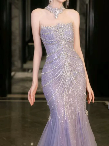 Gorgeous Lilac Tulle Beaded Wedding Prom Dress Mermaid Evening Dress Y8057