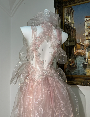 Fairy Pink Tulle Beaded Prom Dress Long Backless Evening Dress Y8564