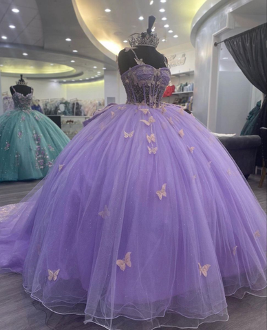 Vestido de fiesta de tul morado con mariposas, vestido de quinceañera, vestido de princesa morado Y2270