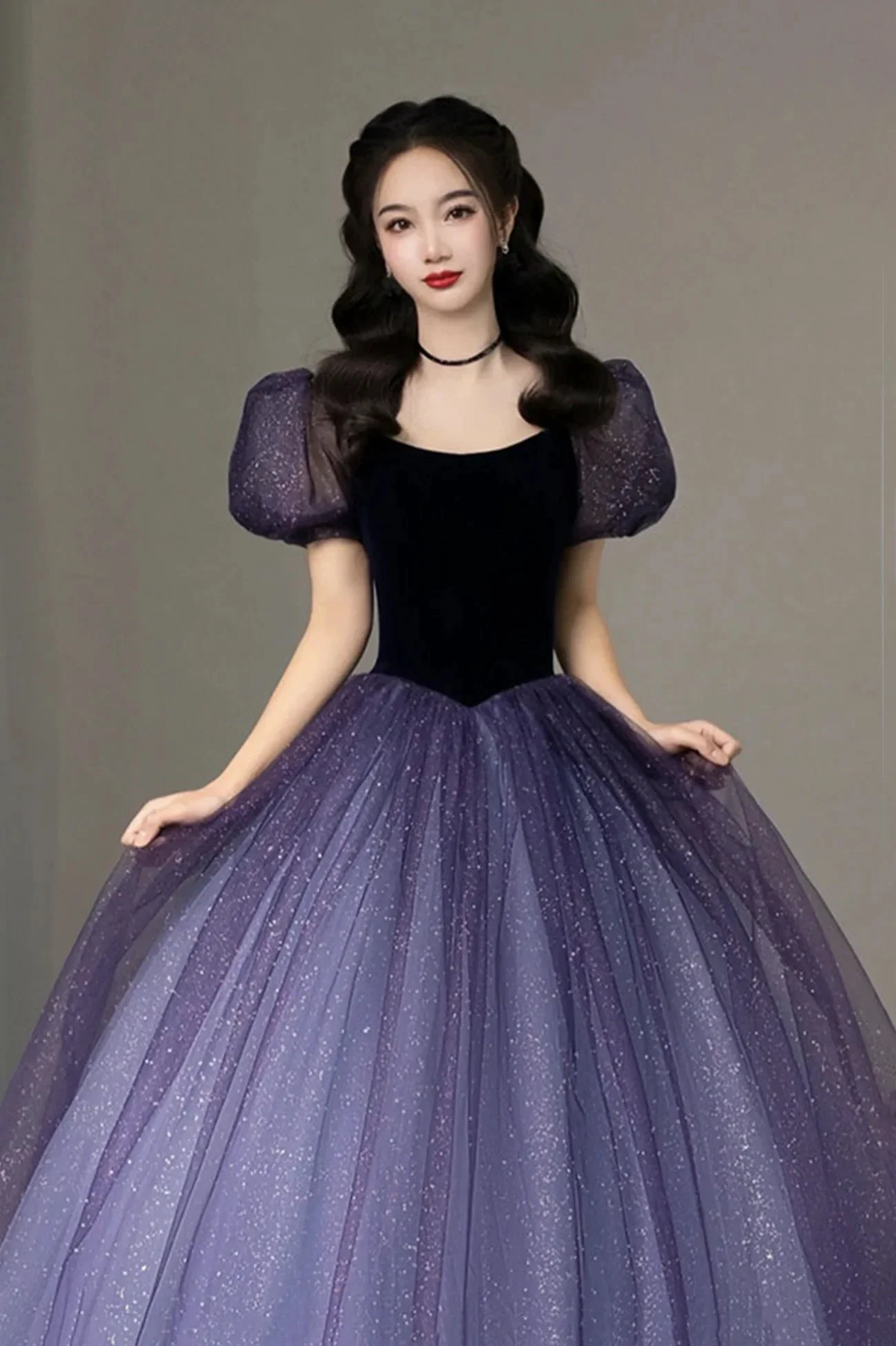 Purple Tulle Short Sleeve Formal Dress Cute A-Line Evening Dress Y4291 by simplepromdress