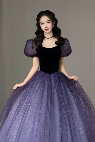 Vestido formal de tul morado de manga corta, bonito vestido de noche de corte A Y4291