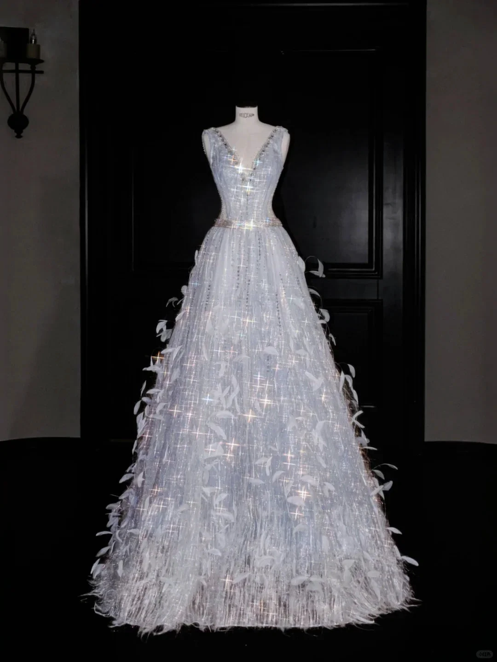 Glamorous V Neck Tulle Beaded Feathers A Line Prom Dress Evening Dress Y8682 by simplepromdress