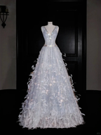 Glamorous V Neck Tulle Beaded Feathers A Line Prom Dress Evening Dress Y8682 by simplepromdress