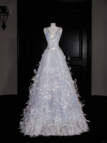 Glamorous V Neck Tulle Beaded Feathers A Line Prom Dress Evening Dress Y8682 by simplepromdress