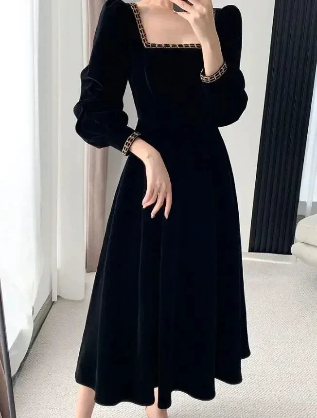 Velvet Dress Women Long Sleeve Square Neck Elegant Bodycon Patchwork Fashion Evening Dress Y6744 by simplepromdress