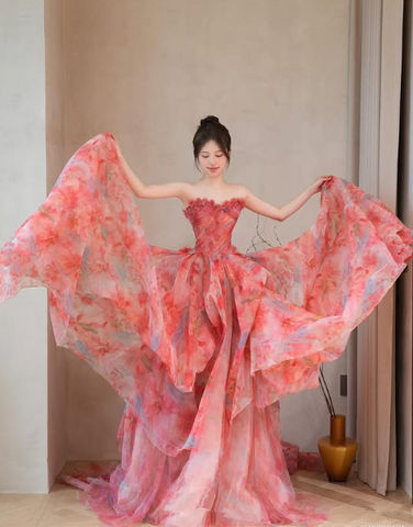Elegante vestido de novia sin tirantes de tul con estampado floral, vestido formal de noche para graduación Y8540