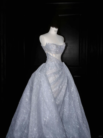 Glitter Strapless Blue Tulle Sequins A Line Prom Dress Evening Dress,Formal Wedding Dress Y8676