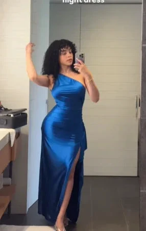 Pretty Blue One Shoulder Sheath Prom Dress Side Slit Evening Dress Y8150 by simplepromdress