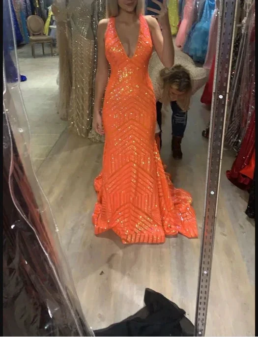 Sexy Sparkly Mermaid V Neck Sequins Long Prom Dresses, Orange Evening Dresses Y1397 by simplepromdress