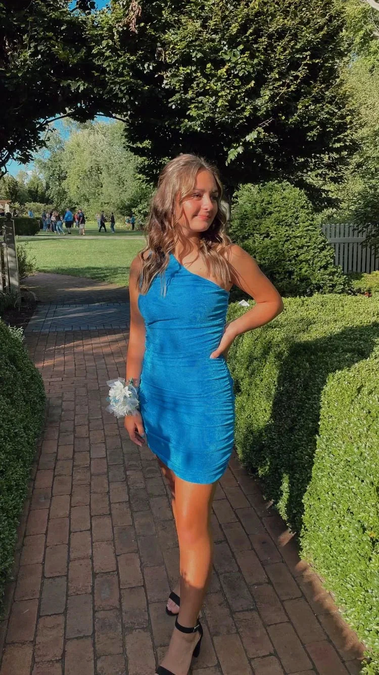 Blue One Shoulder Bodycon Dress Tight Homecoming Dress Y3020 by simplepromdress
