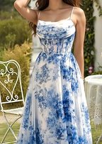 Glam Blue Chiffon Print Floral Slit Prom Dress Spaghetti Straps Evening Gown Y8277 by simplepromdress