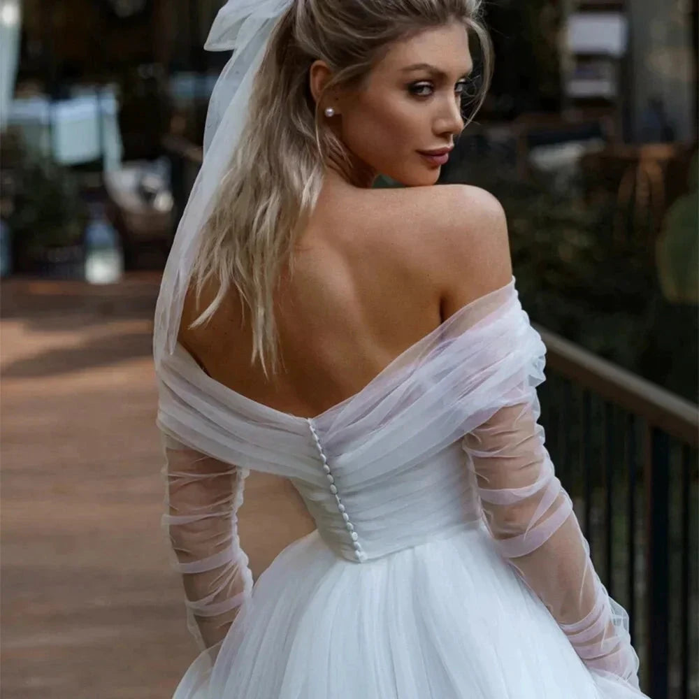 Simple Tulle Long Sleevees Wedding Dresses 2023 For Bridal Off Shoulder Backless A-Line Sweep Train Boho Vestido De Novia by payinti