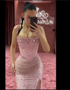 Charming Pink Mermaid Beaded Evening Gown Spaghetti Straps Slit Long Prom Party Dress Y7970 by simplepromdress