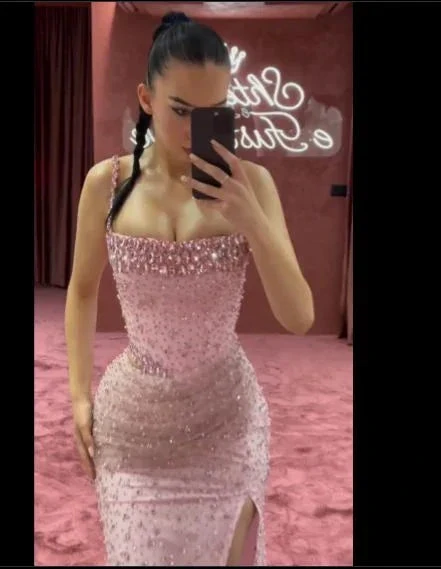 Charming Pink Mermaid Beaded Evening Gown Spaghetti Straps Slit Long Prom Party Dress Y7970 by simplepromdress