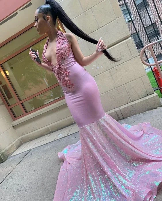 Pink Halter Neck Long Prom Dress For Black Girls Appliques Birthday Party Gowns Sequin Mermaid Evening Dress Y6379 by simplepromdress
