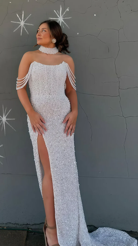Glitter Pearl Sequins Mermaid Prom Dresses Off The Shoulder Evening Dress With Split Y8023