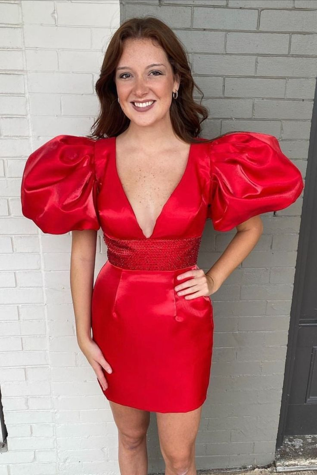 Red Satin Homecoming Dress with Puff Sleeves Red Party Dress Y2296 Main Image