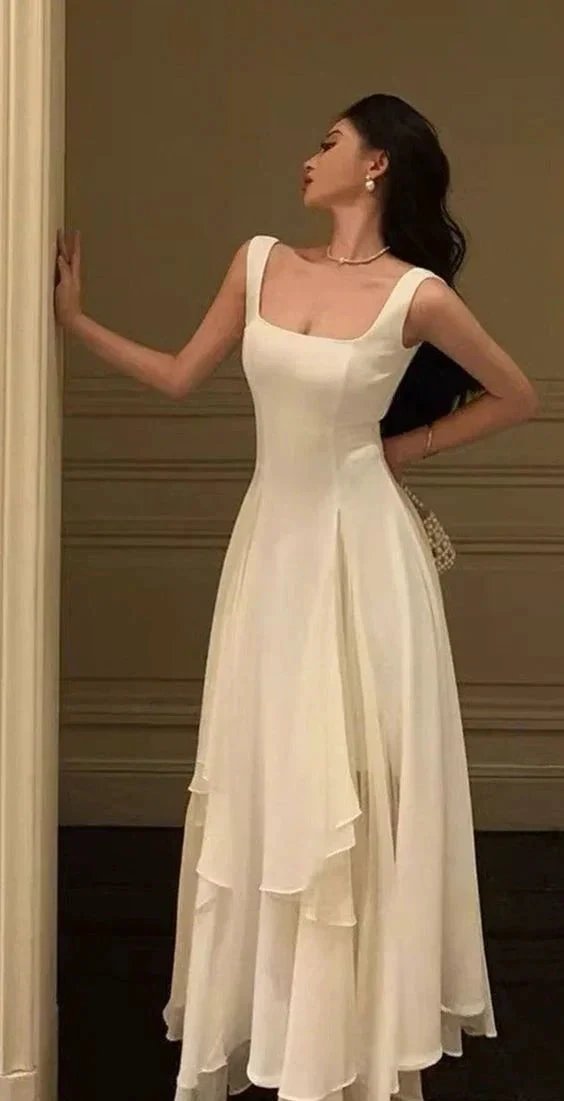 Square Neck White Asymmetric A-Line Long Evening Dress Y2786 by simplepromdress