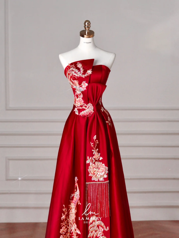 Gorgeous Red Satin Sequin Embroidery A Line Prom Dress Strapless Evening Dress Y8631