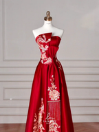 Gorgeous Red Satin Sequin Embroidery A Line Prom Dress Strapless Evening Dress Y8631 by simplepromdress