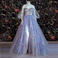 Beautiful Light Purple Tulle Dress Floral Dress Off Shoulder Sweetheart Dress A-line Evening Dresses With Slit Start Applique Long Dress Y932 by simplepromdress