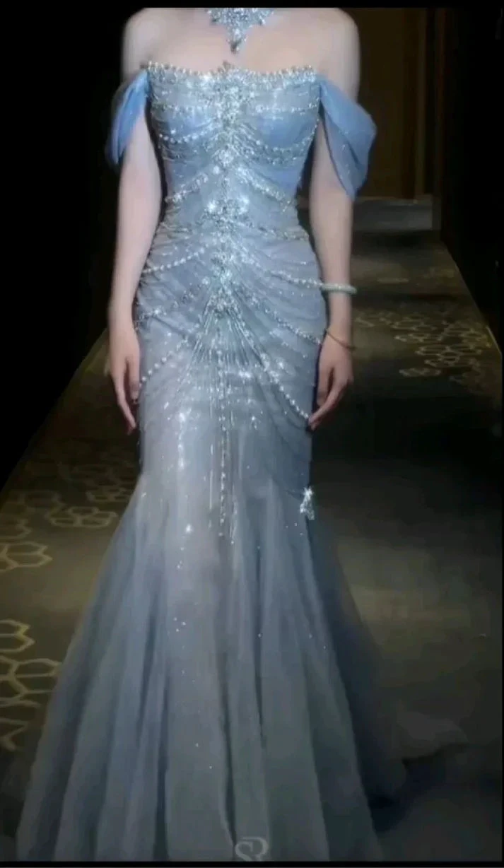 Gorgeous Blue Tulle Beaded wedding Prom Dress Off Shoulder Mermaid Evening Dress Y8058 by simplepromdress