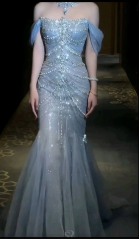 Gorgeous Blue Tulle Beaded wedding Prom Dress Off Shoulder Mermaid Evening Dress Y8058