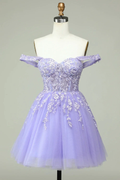A Line Off the Shoulder Lilac Corset Homecoming Dress with Appliques Y2168 by simplepromdress